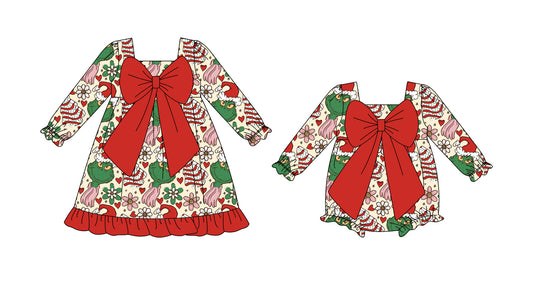 ( Moq 5 Each Style ) Baby Kids Toddler Green Face Flower Christmas Sibling Romper Dress