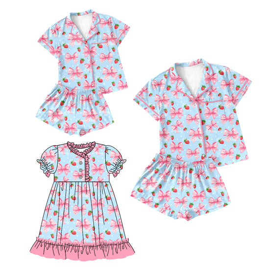 Baby Girl Toddler Adult Women Strawberry Bows Sibling Family Dress Pajamas Set ( Moq 5 Each Style ) 12.14