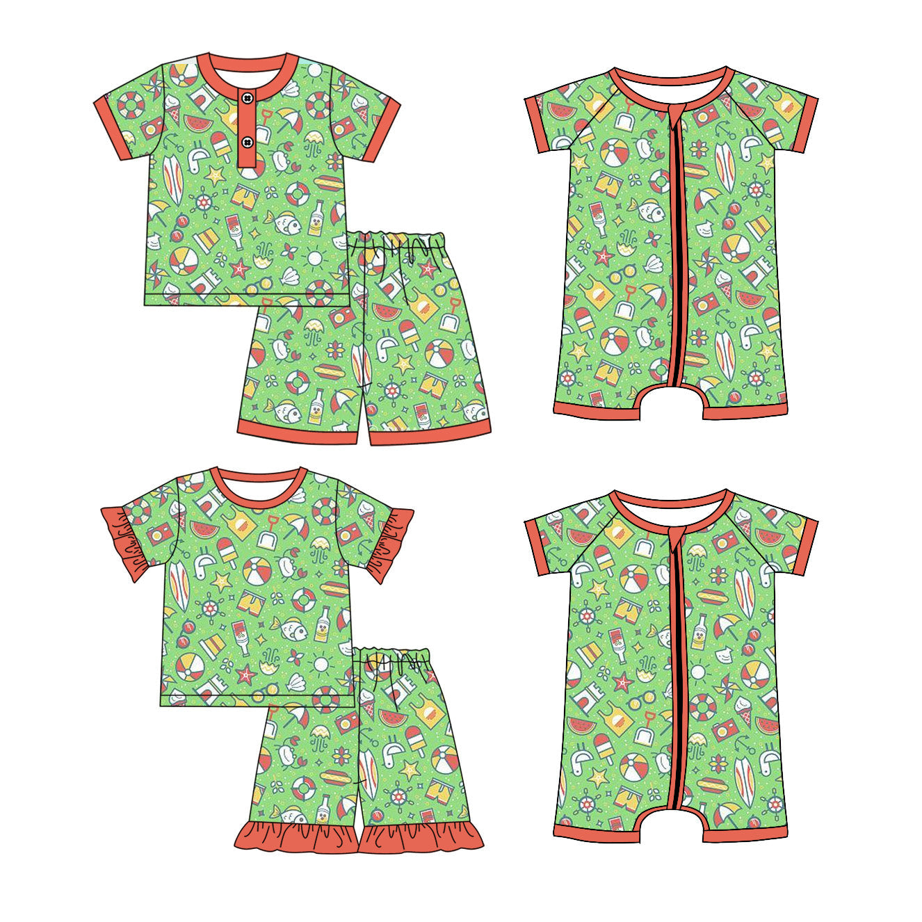 Baby Boy Girl Short Sleeves Beach Green Sibling Romper Set ( Moq 5 Each Style ) 1.24