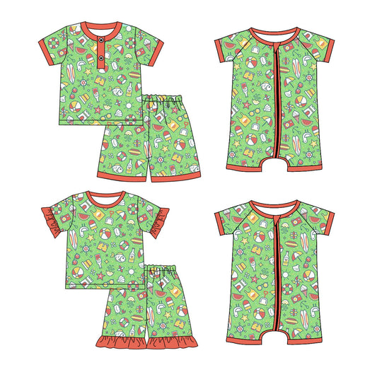 Baby Boy Girl Short Sleeves Beach Green Sibling Romper Set ( Moq 5 Each Style ) 1.24
