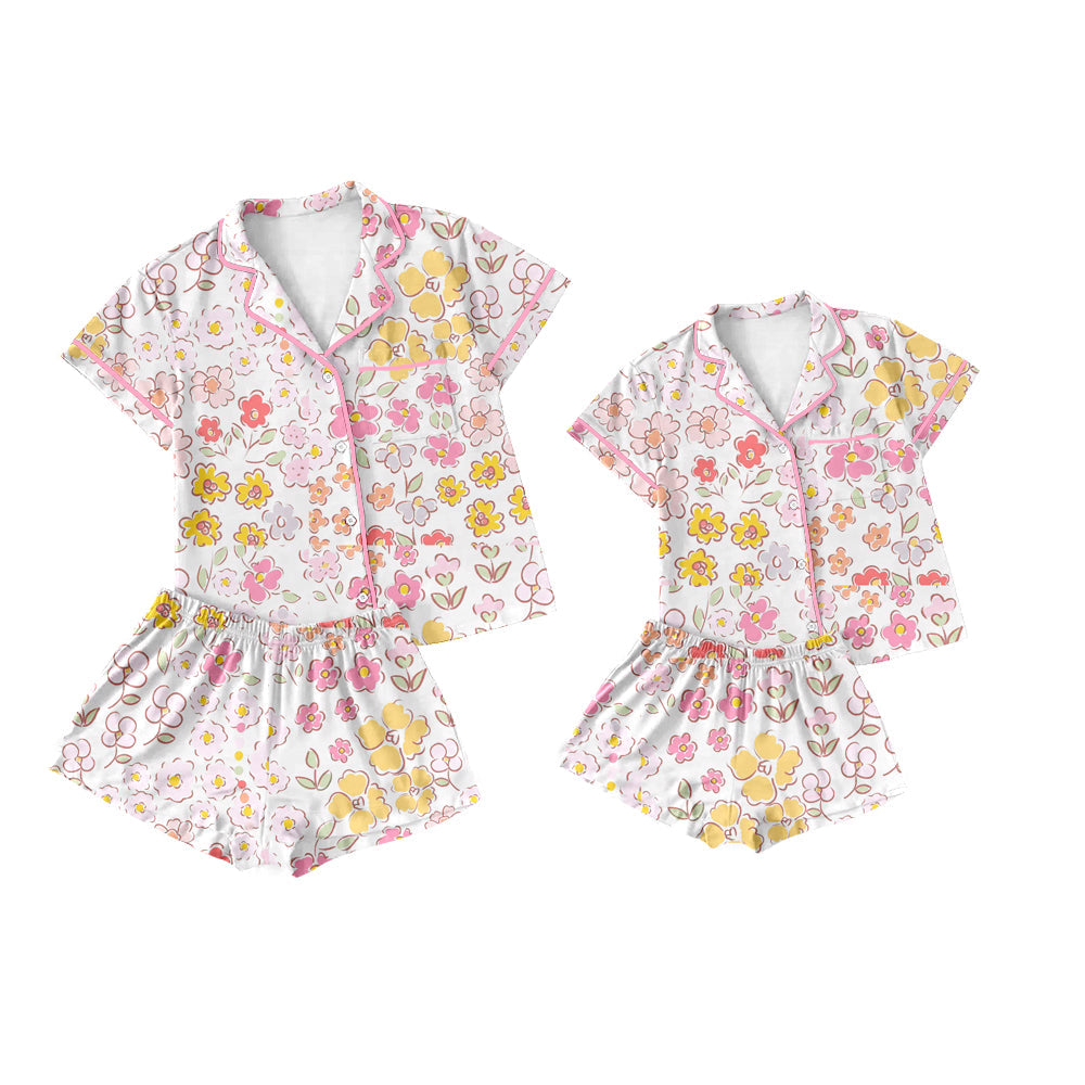Baby Girl Adult Women Short Sleeves Flower Sibling Pajamas Set ( Moq 5 Each Style ) 3.21