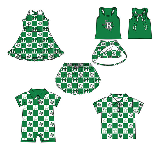( Moq 5 Each Style ) Baby Boys Girls Toddler Green Bows Team Sibling Shorts Dress Shirt Set Summer Clothes