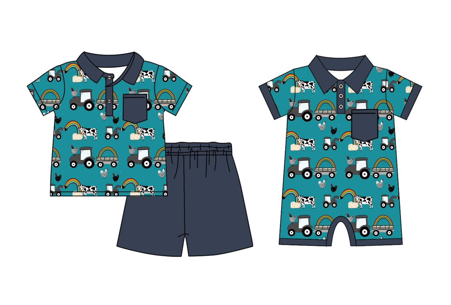 Baby Boy Short Sleeves Farm Animal Tractor Sibling Romper Clothes Set ( Moq 5 Each Design )11.23
