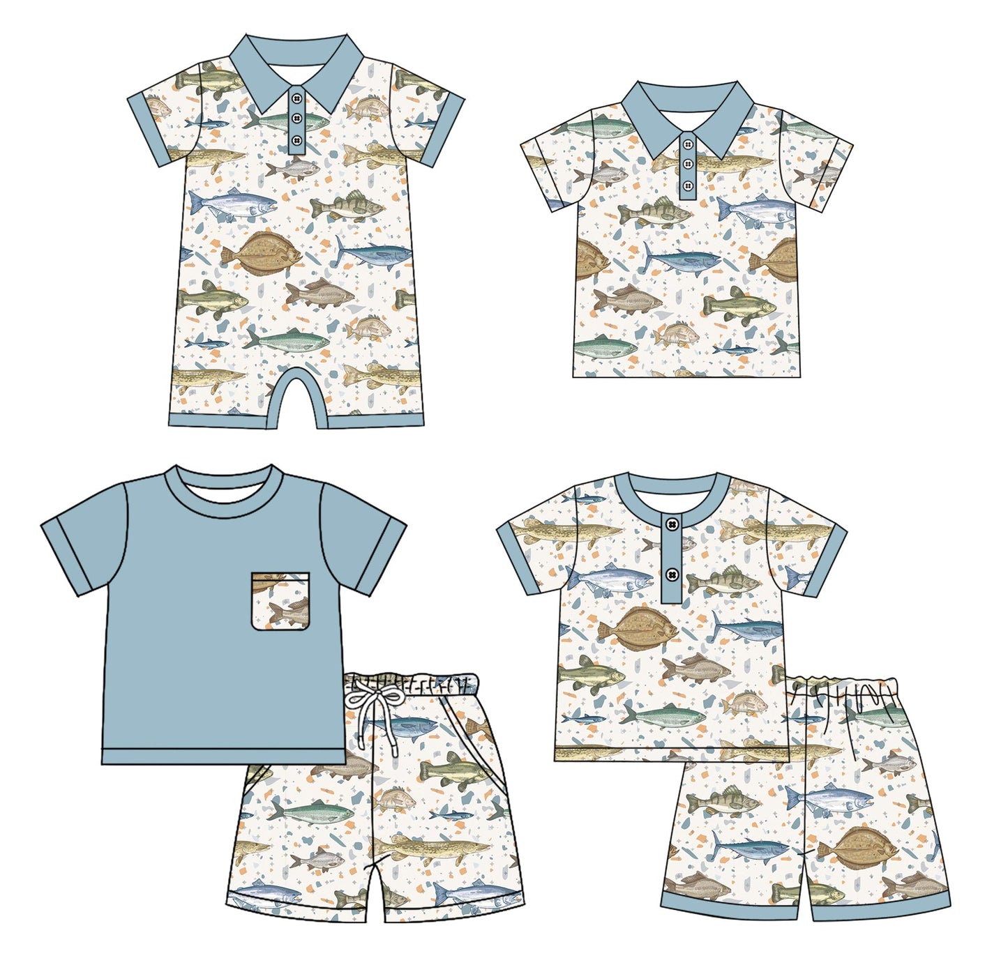 Baby Boy Short Sleeves Fish Sibling Romper Shirt Set ( Moq 5 Each Style ) 4.3
