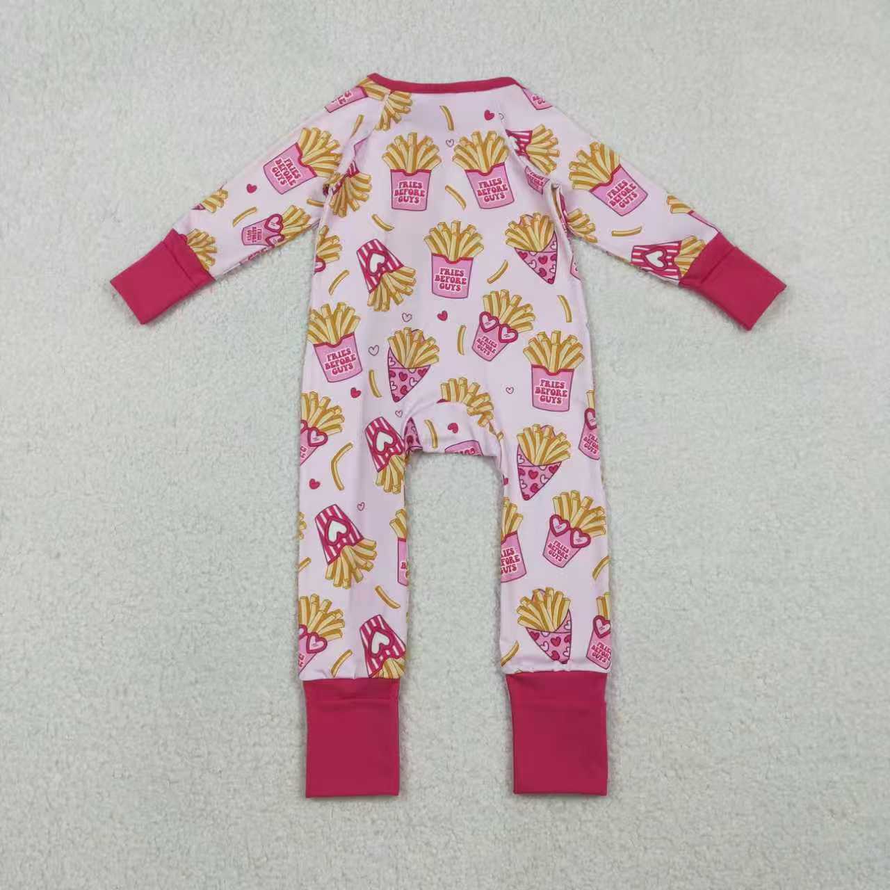 Sibling Baby Girls Long Sleeves Chips Hearts Valentine Zipper Romper Pajamas Pink Set RTS