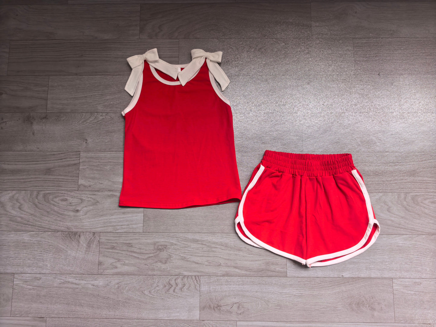 ( No moq ) Preorder Baby Girls Kids White Bows Shirt Shorts Red Cotton Set Summer Clothes