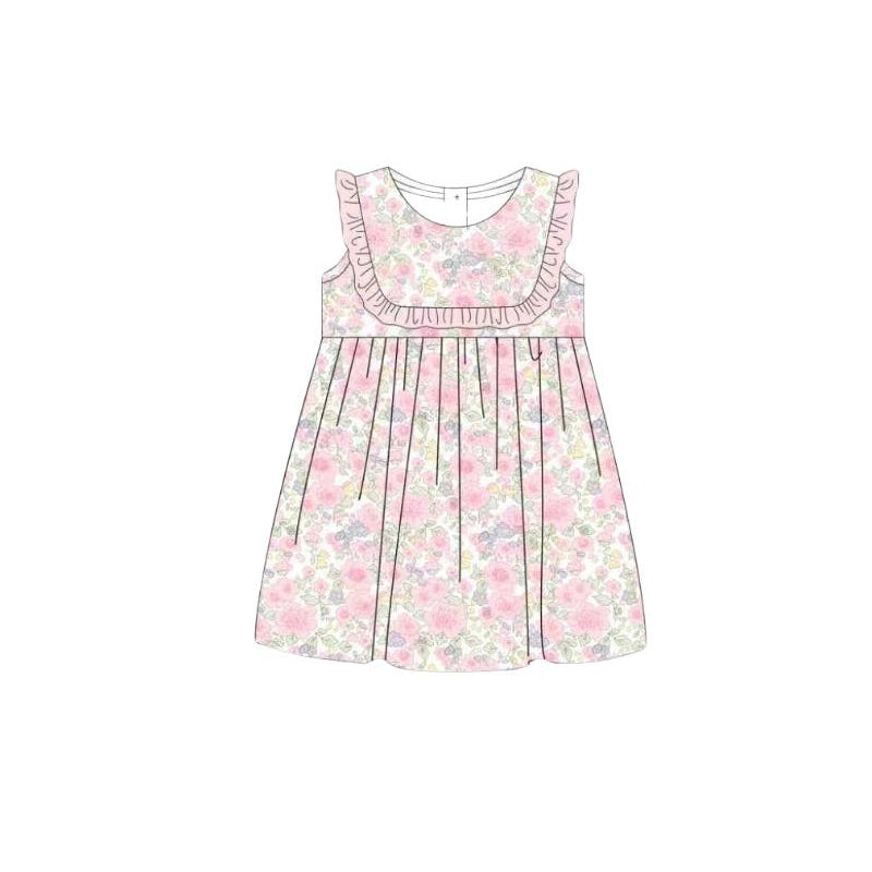 ( Moq 5 ) Preorder Baby Girls Kids Sleeveless Pink Flower Ruffle Knee Length Dress