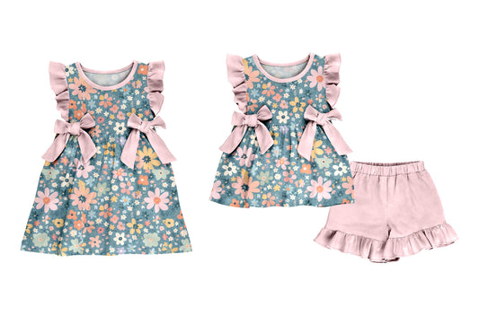 ( Moq 5 Each Style ) Baby Girls Kids Short Sleeves Flower Pink Bows Sibling Dress Set