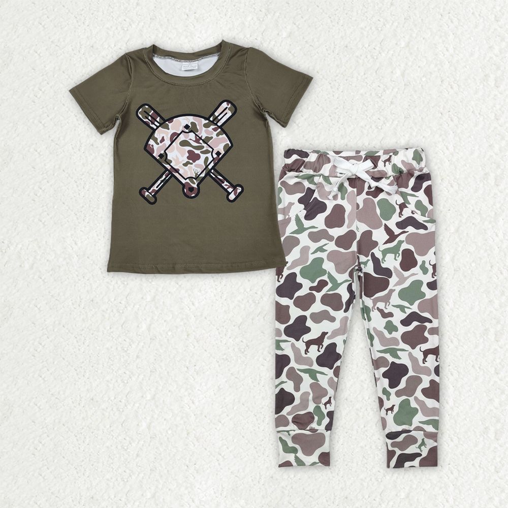 Baby Boys Toddler Short Sleeves Baseball Shirt Pockets Pants Ducks Dogs Camo Set RTS