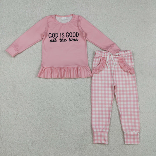 Baby Girls Pink Long Sleeves God Is Good Shirt Plaid Ruffle Pockets Pants Clothes Set RTS