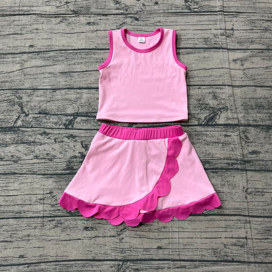 ( No moq ) Preorder Baby Girls Kids Shirt Scallop Skirt Shorts Yoga Active Pink Set Clothes
