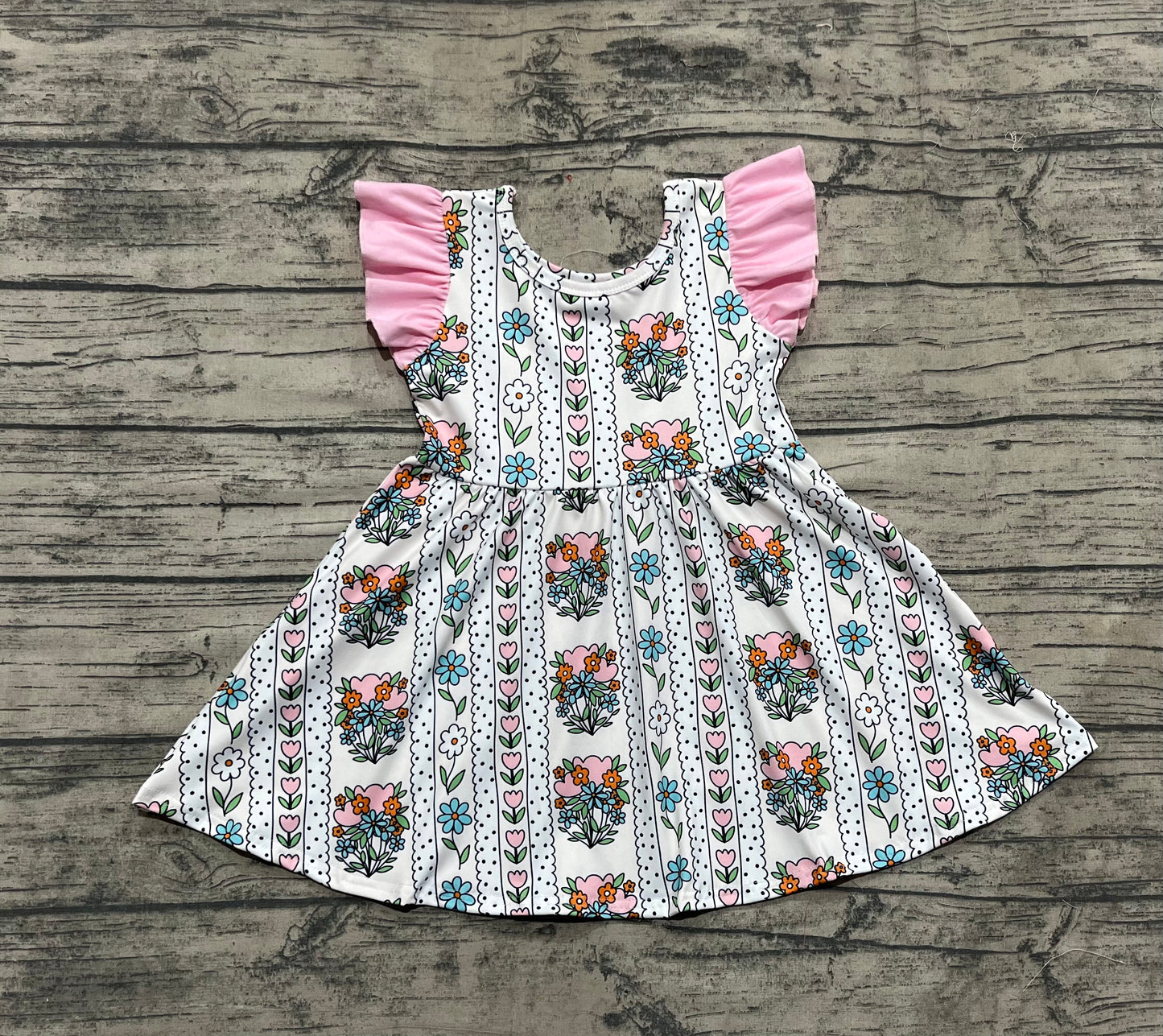 Baby Girl Short Sleeves Flower Stripes Knee Length Dress RTS