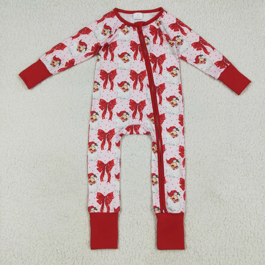 Baby Girl Long Sleeves Christmas Santa Red Bows Zipper Romper RTS