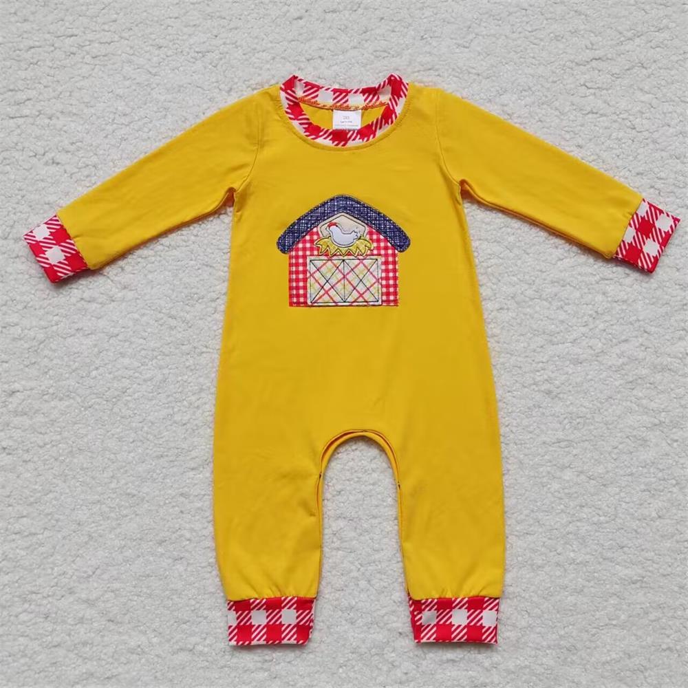 LR0383 Baby Girl Long Sleeves One Piece Embroidery Farm Chicken Romper