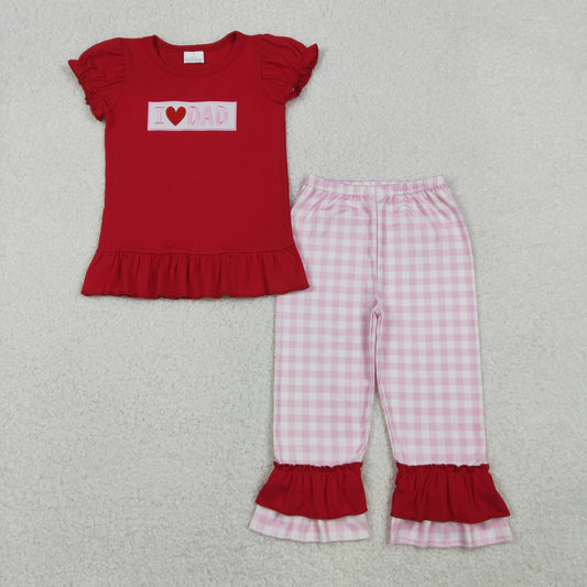 Kids Girls Embroidery I Love DAD Red Shirt Plaid Ruffle Pants Set Clothes RTS