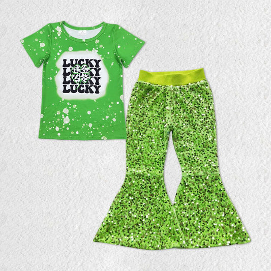 GSPO1298 Baby Girl St. Patrick's Day Green Shirt Sequins Pants Set