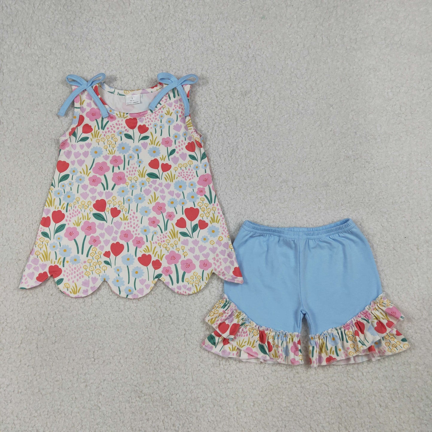 Baby Girls Kids Blue Bows Flower Scallop Tops Ruffle Shorts Summer Set RTS