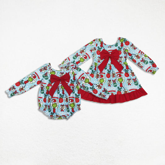Sibling Baby Girl Long Sleeves Green Face Christmas Bow Romper Dress RTS