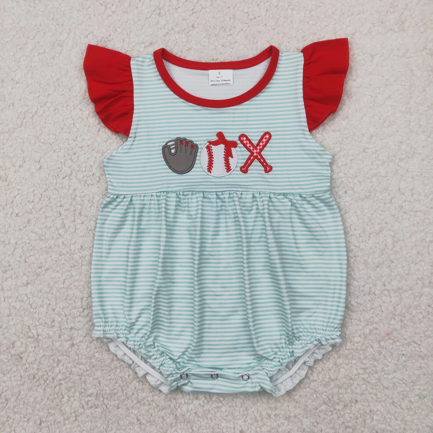 Baby Girl Infant Flutter Sleeves Embroidery Baseball Strips Bubble Romper RTS