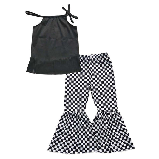 Baby Girl Black Tassel Sleeveless Tops Checkered Bell Pants Outfit