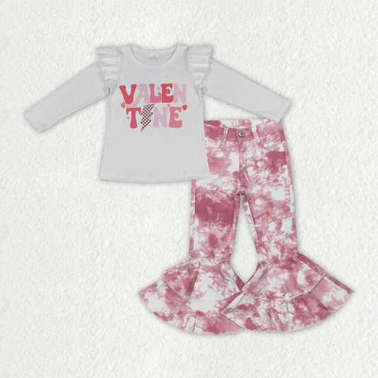 GLP1160 Baby Girl Long Sleeves Shirt Tie Dye Denim Bell Pants Valentine's Day Set
