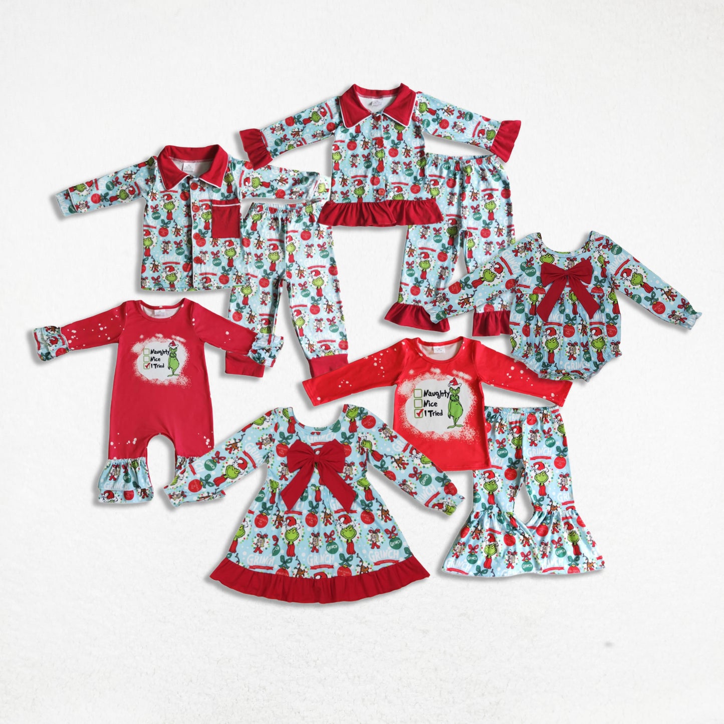 Girls Boys Long Sleeves Green Face Sibling Christmas Dress Outfit Clothes RTS