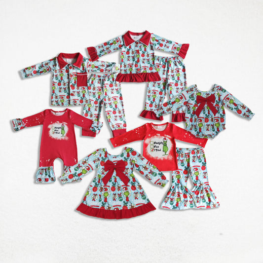 Girls Boys Long Sleeves Green Face Sibling Christmas Dress Outfit Clothes RTS