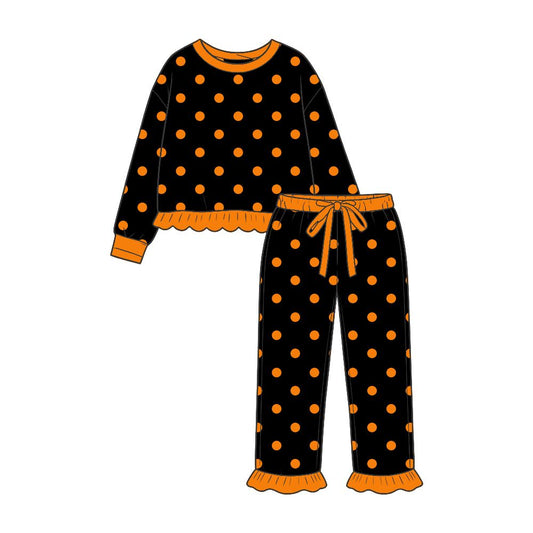 ( Moq 5 ) Preorder Baby Girls Kids Long Sleeves Orange Dots Shirt Ruffle Pants Set Black Clothes