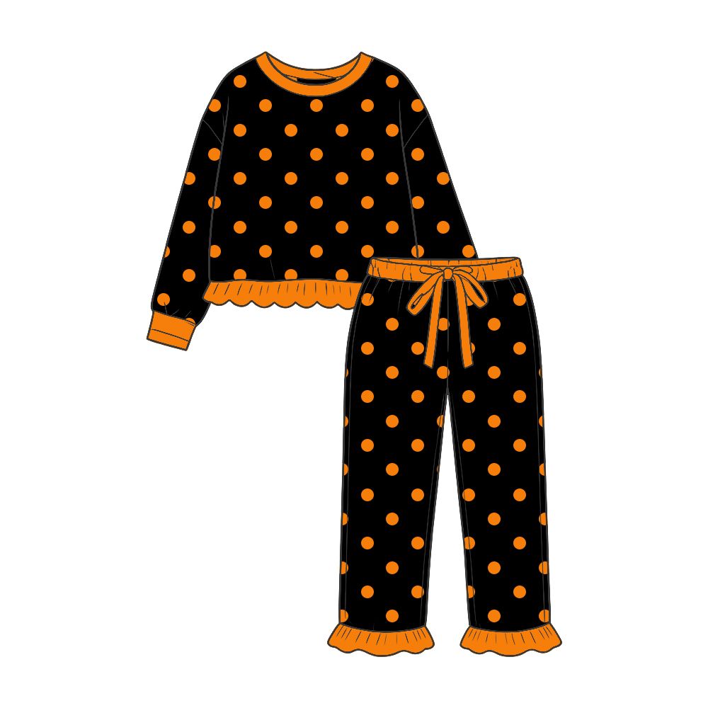 ( Moq 5 ) Preorder Baby Girls Kids Long Sleeves Orange Dots Shirt Ruffle Pants Set Black Clothes