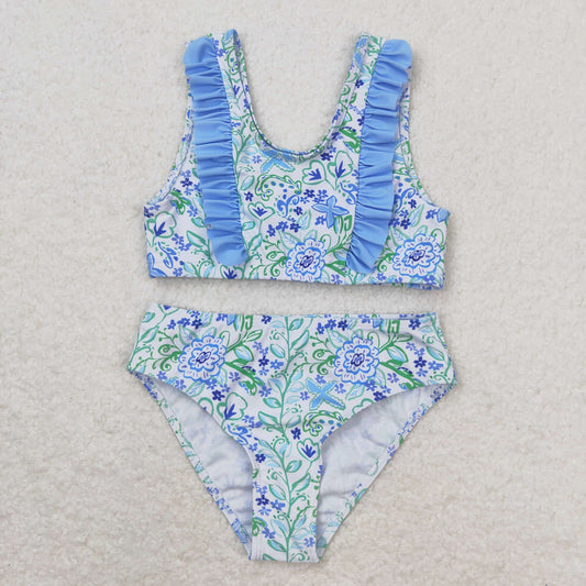 Baby Girl Sleeveless Floral Tops Bummie Shorts Blue Swimsuit
