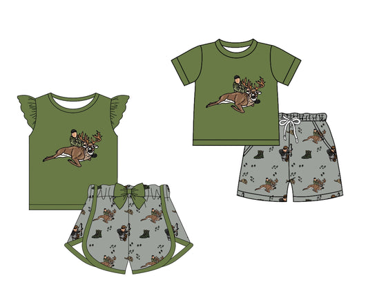 Baby Boy Girl Short Sleeves Deer Hunting Green Sibling Set ( Moq 5 Each Style ) 12.19