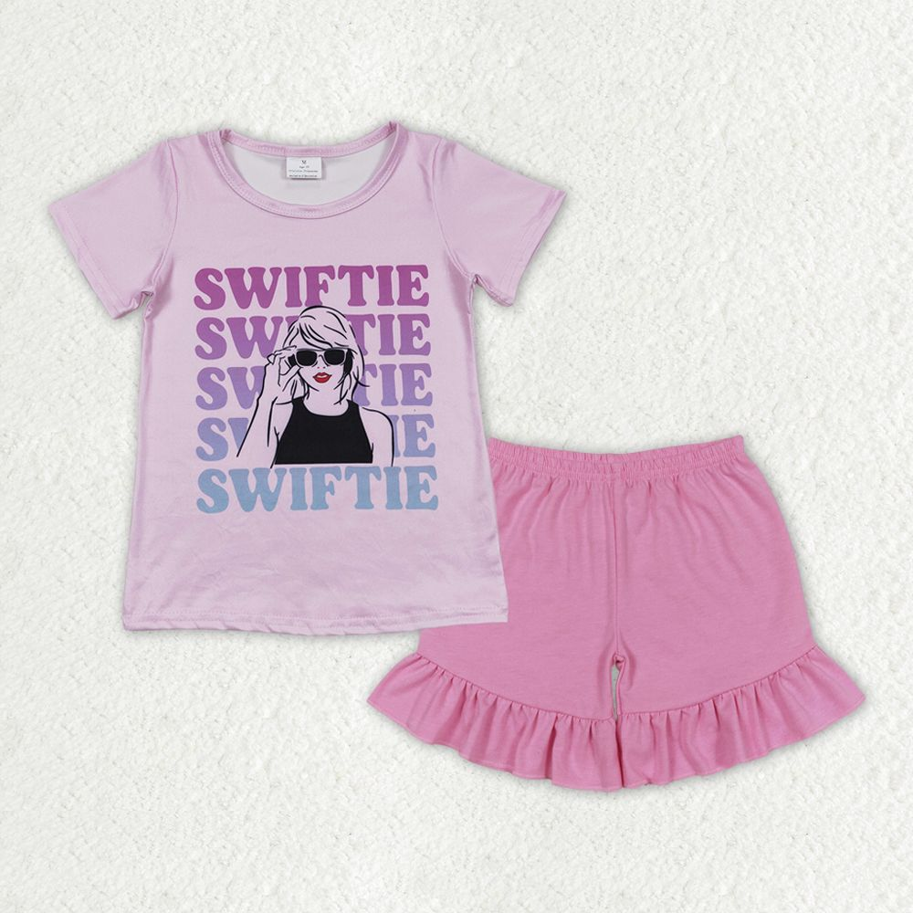 GSSO1388 Baby Girl Singer Shirt Pink Cotton Shorts Summer Set