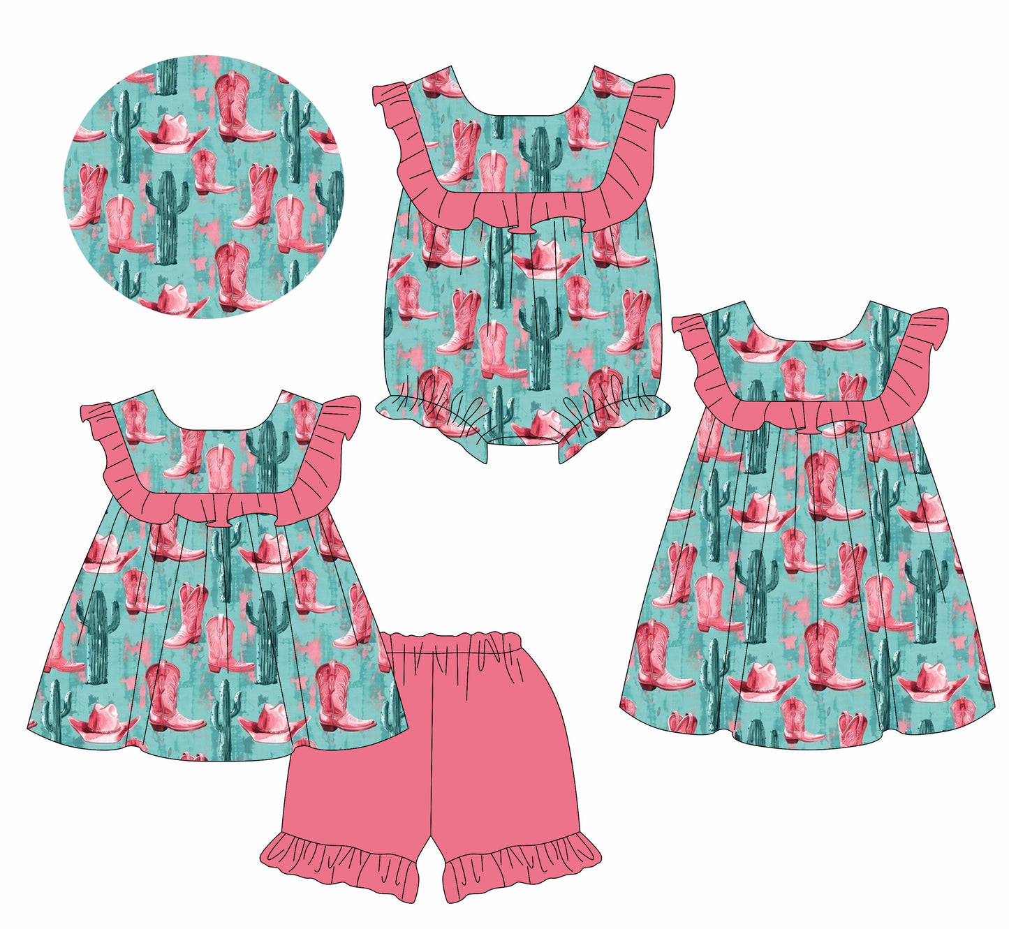 Baby Girl Boots Cactus Western Sibling Romper Dress Set ( Moq 5 Each Style ) 1.13