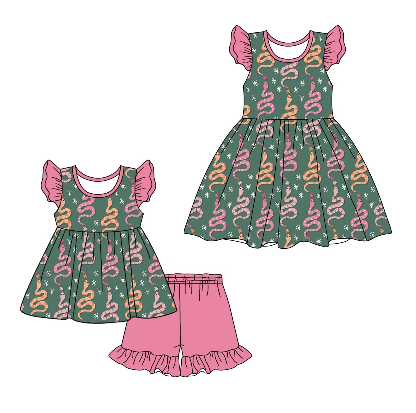 Baby Girl Short Sleeves Snakes Sibling Dress Set ( Moq 5 Each Style ) 12.28