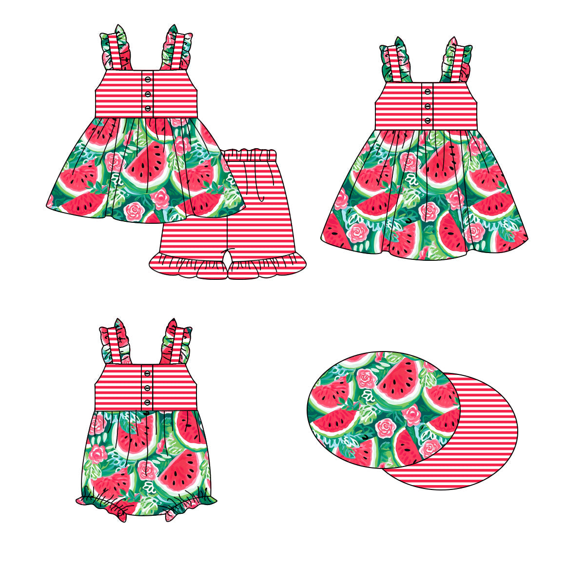 Baby Girl Watermelon Flower Stripes Sibling Romper Dress Set ( Moq 5 Each Style ) 1.16