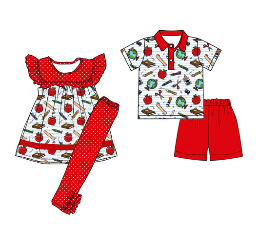 ( Moq 5 Each Style ) Baby Boys Girls Kids Short Sleeves Pencil Apple Sibling Back to School Sets