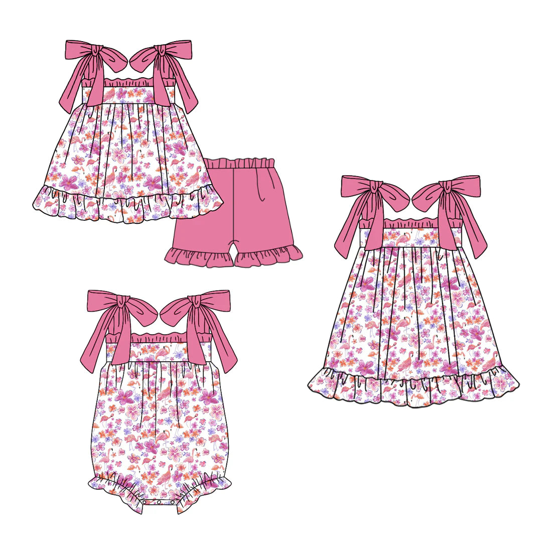( Moq 5 Each Style ) Baby Girls Kids Straps Pink Flower Sibling Romper Dress Set