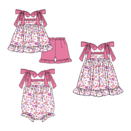 ( Moq 5 Each Style ) Baby Girls Kids Straps Pink Flower Sibling Romper Dress Set