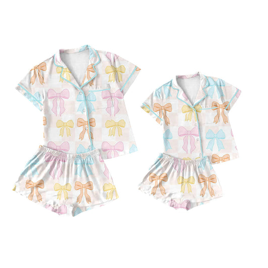 Baby Girl Adult Women Short Sleeves Bows Pocket Sibling Pajamas Set ( Moq 5 Each Style ) 3.21