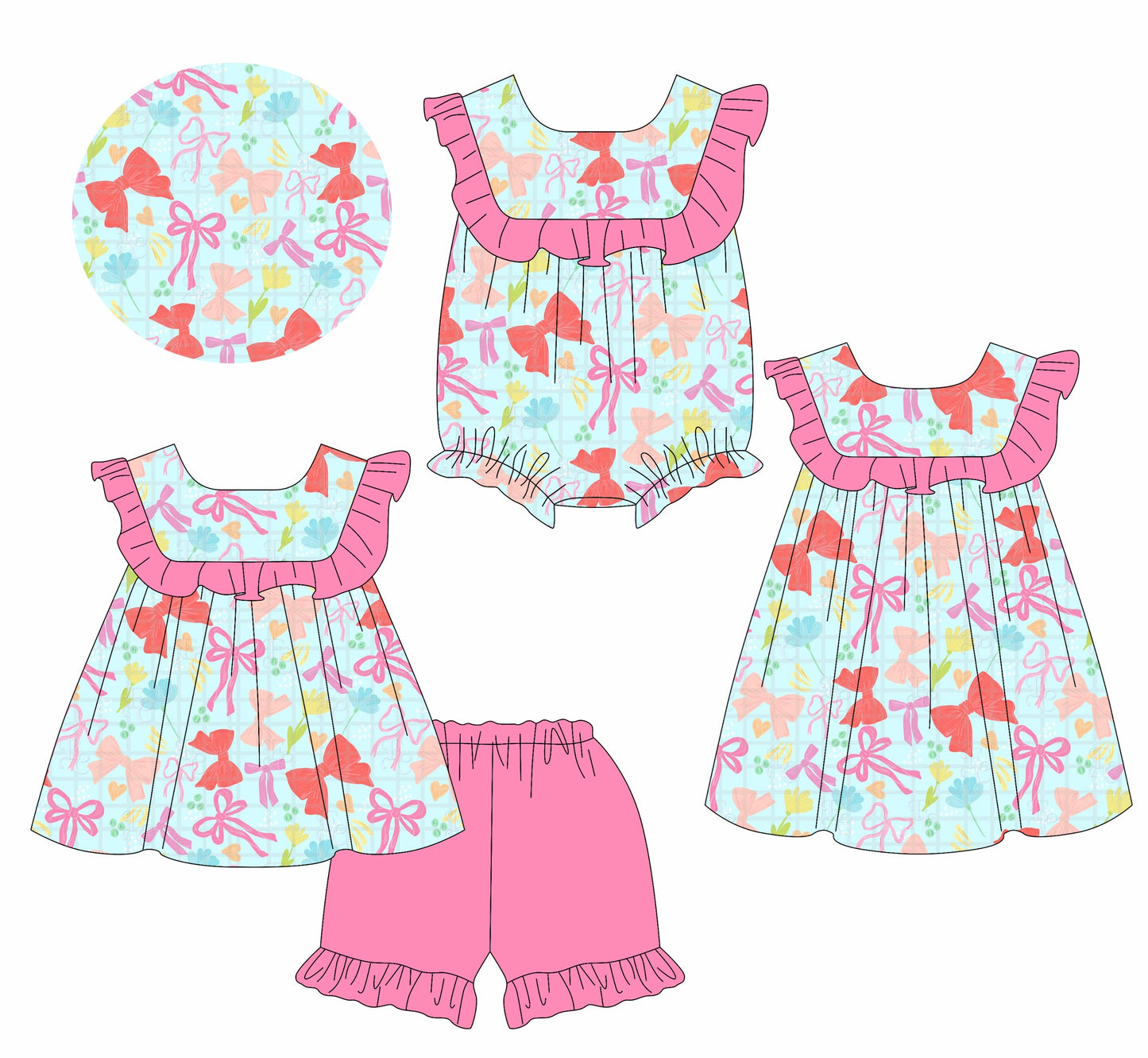 Baby Girl Short Sleeves Flower Bows Sibling Romper Dress Set ( Moq 5 Each Style ) 3.22