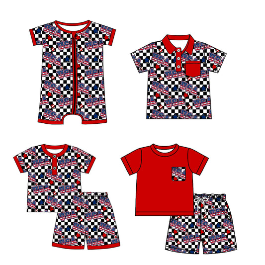 ( Moq 5 Each Style ) Baby Boy Short Sleeves 4th Of July Checked Sibling Romper Shirt Set 3.25