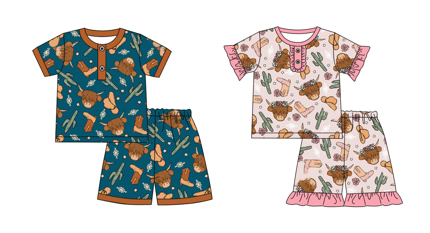 Baby Boy Girl Short Sleeves Western Cow Cactus Sibling Pajamas Set ( Moq 5 Each Style ) 12.23