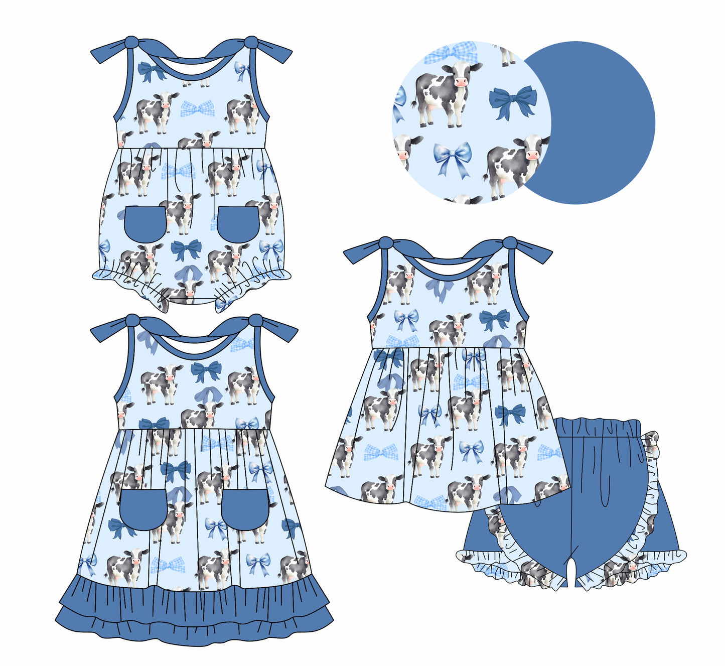 Baby Girl Cow Bows Blue Sibling Dress Romper Set ( Moq 5 Each Style ) 1.6