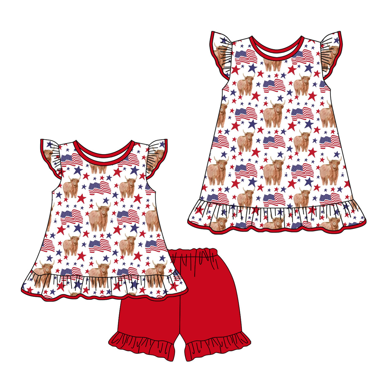 Baby Girl July 4th Cow Flags Sibling Dress Set ( Moq 5 Each Style ) 1.21
