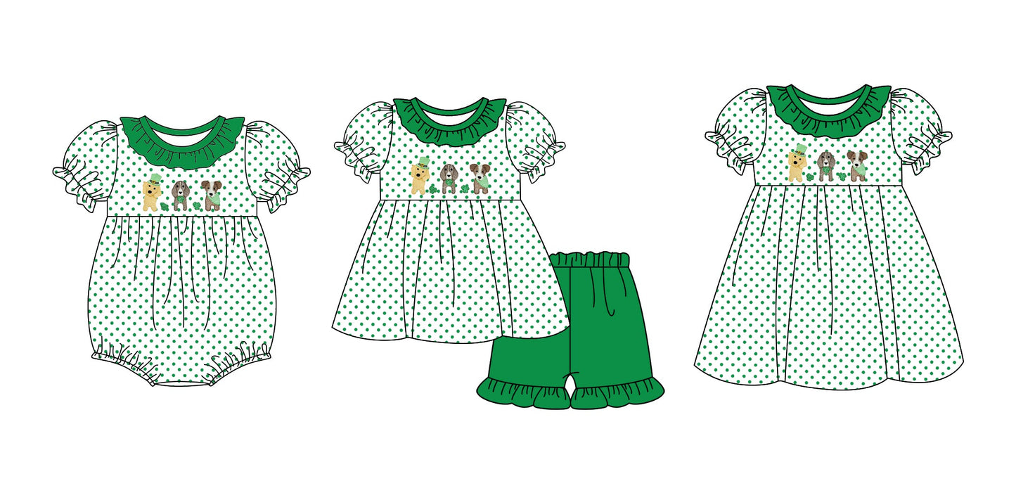Baby Girl Short Sleeves St Patrick Dogs Sibling Dress Romper Clothes Set ( Moq 5 Each Design ) 12.7