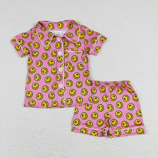 GSSO0380 Baby Girl Pink Short Sleeves Face Buttons Shirt Shorts Pajamas Set