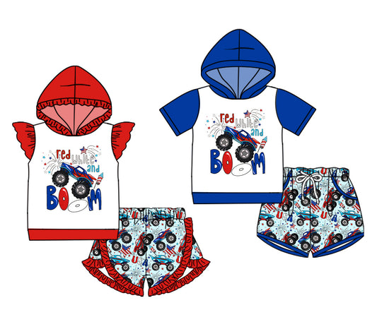 ( Moq 5 Each Style ) Baby Boy Girl 4th Of July Trucks Hoodie Sibling Set 4.17