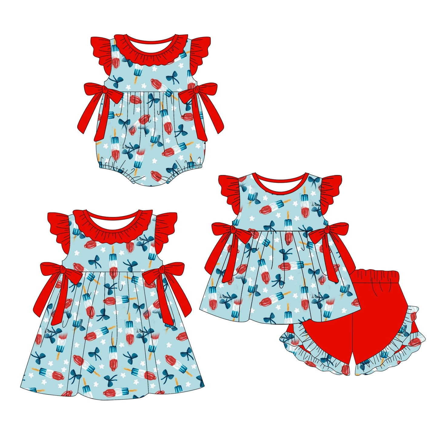Baby Girl Popsicles Bows July 4th Sibling Romper Dress Set ( Moq 5 Each Style ) 2.13