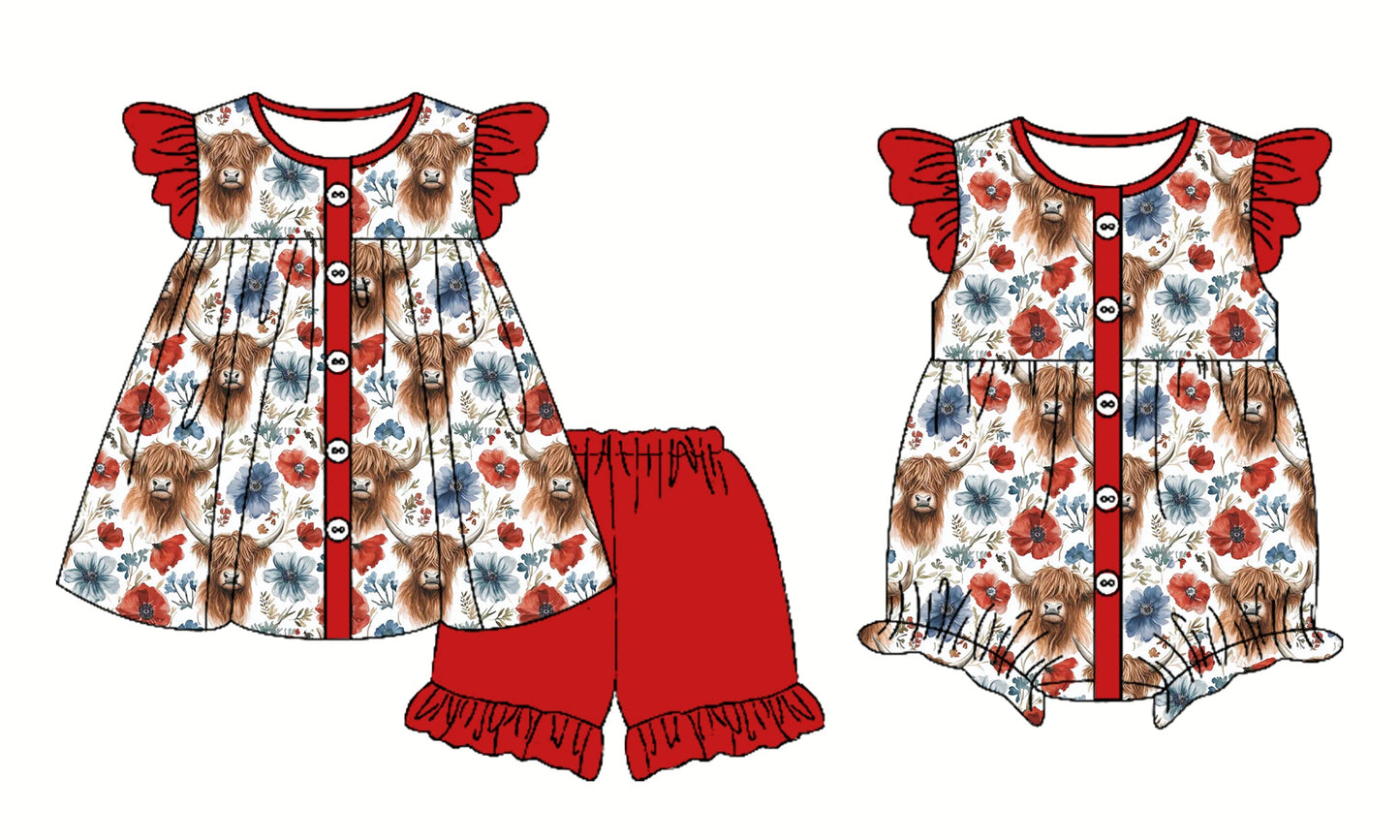 Baby Girl July 4th Cow Flower Red Sibling Romper Set ( Moq 5 Each Style ) 2.26