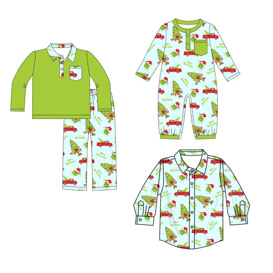 ( Moq 5 Each Style ) Baby Boy Toddler Green Face Tree Sibling Romper Shirt Set